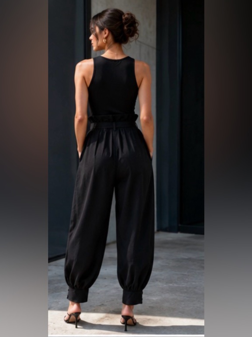 Express Black Super High Paper Bag Waist Belt Tie Tapered Pants EUC 14 #2738 - Picture 2 of 11